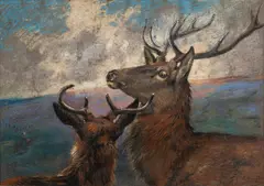 Study of red deer - Pastel - 24 by Alfred William Strutt, 1870, Pastel, sold Oct 2025