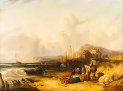 Fisherfolk on a windswept beach with a mountainous landscape by William Shayer, 1837, Oil on canvas -72 x, sold Jul 2025