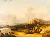 Fisherfolk on a windswept beach with a mountainous landscape by William Shayer, 1837, Oil on canvas -72 x, sold Jul 2025