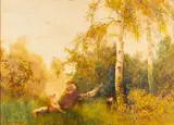 Mother and child at the edge of a wood by Fred Hines, Watercolour -39 x, offered Jul 2025
