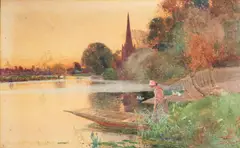 A lady in a punt at the river's edge at dusk by Thomas Mackay, Watercolour, sold Jul 2025