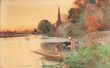 A lady in a punt at the river's edge at dusk by Thomas Mackay, Watercolour, sold Jul 2025