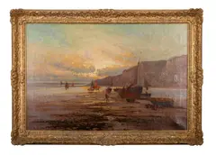 Beached fishing boats drying nets with others at sea beyond - Oil by Frank Hider, Oil on canvas -49 x, offered Jun 2025