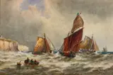 Fishing Boats off Bamburgh Castle by Thomas Bush Hardy, watercolour on paper, offered Jun 2025
