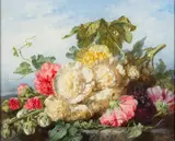 Still life of flowers and pumpkin leaves by Martha Darlay Mutrie, Oil on board -32 x, sold Apr 2025