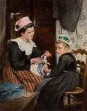 Dressing the Doll - Oil by Alexis Vollon, Oil on canvas, sold Apr 2025