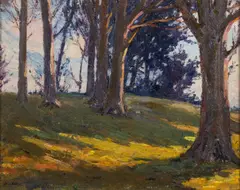 Trees in Sunlight - Oil by Hans Iten, Oil on board -26 x, sold Feb 2025