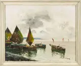 Fishing boats in a bay by Giuliano de Luca, Oil on canvas -39 x, offered Feb 2025