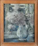 Pink chrysanthemums - Oil by Nora Lucy Mowbray Cundell, Oil on board, offered Feb 2025
