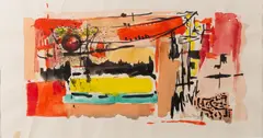 Abstract composition in red by Ed Smith, Watercolour and ink on paper -15 x, offered Feb 2025