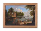Harbour scene with figures on horseback by Mathys Schoevaerdts, Oil on panel, sold Nov 2023