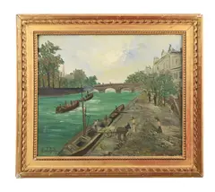 Figures along the seine by Mile Gody, Oil on canvas, sold Nov 2023