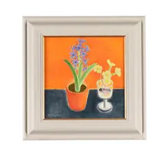 Hyacinth & primroses by Caroline Conran, 2010, Oil on canvas, sold Nov 2023