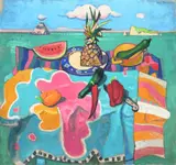 Sea still life with islands by Leon Morrocco, Oil on canvas, sold Oct 2023