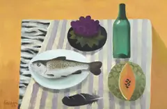 The striped cloth by Mary Fedden, Oil on canvas, sold Oct 2023