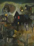 Village nocturne by Gwyneth Johnstone, Oil on board, sold Oct 2023