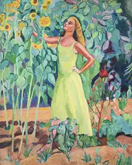 Girl in a garden with sunflowers by Edward Wolfe, Oil on board, sold Oct 2023