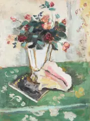 Conch shell, magazine and vase of flowers by Jules Cavaillès, Oil on canvas, sold Oct 2023