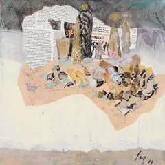 Maxim's by Jacqueline Crofton, Oil, gold paint and collage on canvas, offered Oct 2023
