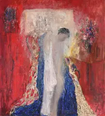 Standing nude in a red interior by Jacqueline Crofton, Oil and collage on canvas, offered Oct 2023