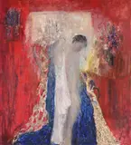 Standing nude in a red interior by Jacqueline Crofton, Oil and collage on canvas, offered Oct 2023
