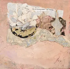 L'amateur d'art by Jacqueline Crofton, Oil, gold paint and collage on canvas, sold Oct 2023