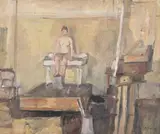 Seated nude, artist's studio by Anthony Eyton, Oil on canvas, sold Oct 2023