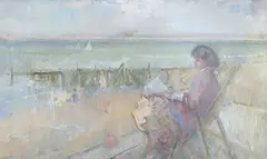 Woman reading by the sea by Peter Greenham, Oil on board, sold Oct 2023