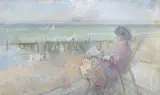 Woman reading by the sea by Peter Greenham, Oil on board, sold Oct 2023