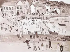 Seaside town with beach by Fred Yates, Oil on canvas, sold Oct 2023