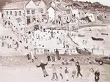 Seaside town with beach by Fred Yates, Oil on canvas, sold Oct 2023