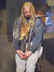 Michael rhodes with saxophone by Robert Lenkiewicz, Oil on canvas, offered Oct 2023
