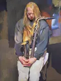 Michael rhodes with saxophone by Robert Lenkiewicz, Oil on canvas, offered Oct 2023