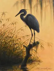 Heron in sunset by Kim Brooks, Oil on canvas, offered Oct 2023