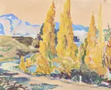 Golden poplars, shotover river, central otago by Robert Nettleton Field, Oil on paper, sold Oct 2023