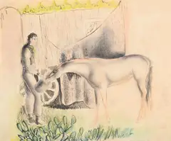 Traveller feeding his horse by John Skeaping, Watercolour, ink and pastel, sold Oct 2023