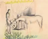 Traveller feeding his horse by John Skeaping, Watercolour, ink and pastel, sold Oct 2023