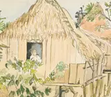 Man resting in a hut by John Minton, Watercolour and ink, offered Oct 2023