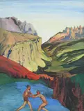 Wrestlers in a landscape by Austin Osman Spare, Ink, watercolour and gouache, sold Oct 2023