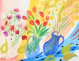 Studio flower arrangement by Nicholas Hely Hutchinson, Gouache, sold Oct 2023