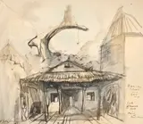 Theatre design for the first act of 'l'annonce faite a mari by Pavel Tchelitchew, 1947, Ink, wash and coloured pencil, sold Oct 2023