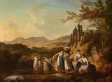 Roslyn castle with figures in the foreground by Julius Caesar Ibbetson, Oil on canvas, sold Oct 2023