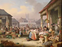 Figures in a market (traditionally identified as borough market) by Nicholas Condy, Oil on board, sold Oct 2023