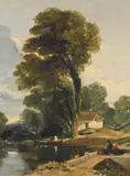 Fisherman by a lock by William James Müller, Oil on canvas, sold Oct 2023