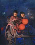 Japanese children with lanterns in a carriage by Mortimer Luddington Menpes, Pen, ink, oil and bodycolour on paper, sold Oct 2023