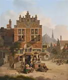 A dutch town with figures by a meat stall by Jan Hendrik Verheijen, Oil on canvas, sold Oct 2023