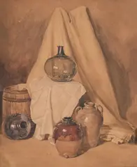A still life of pots and a barrel on a draped ledge by Peter De Wint, Watercolour, sold Oct 2023