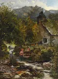 The stepping stones, bettws y coed, north wales by Charles Pettitt, Oil on canvas, offered Oct 2023