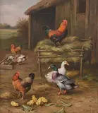 A cockeral with hens, ducks and chicks in a farmyard by Edgar Hunt, Oil on canvas, sold Oct 2023