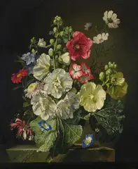 Still life with hollyhocks and convolvulus by Gerald Cooper, Oil on board, offered Oct 2023